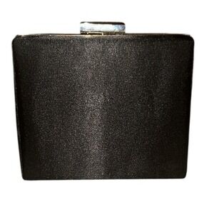 Black Satin Box Clutch Evening Bag with Rhinestone Clasp and Navy Lining